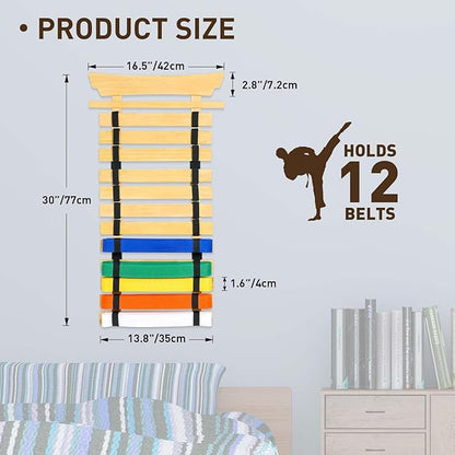 12 Belts Karate Belt Display Rack with Stickers, Martial Arts Belt Display Holder, Taekwondo Belt Jiu Jitsu Belt BJJ Belt Display Hanging Holder for Adults