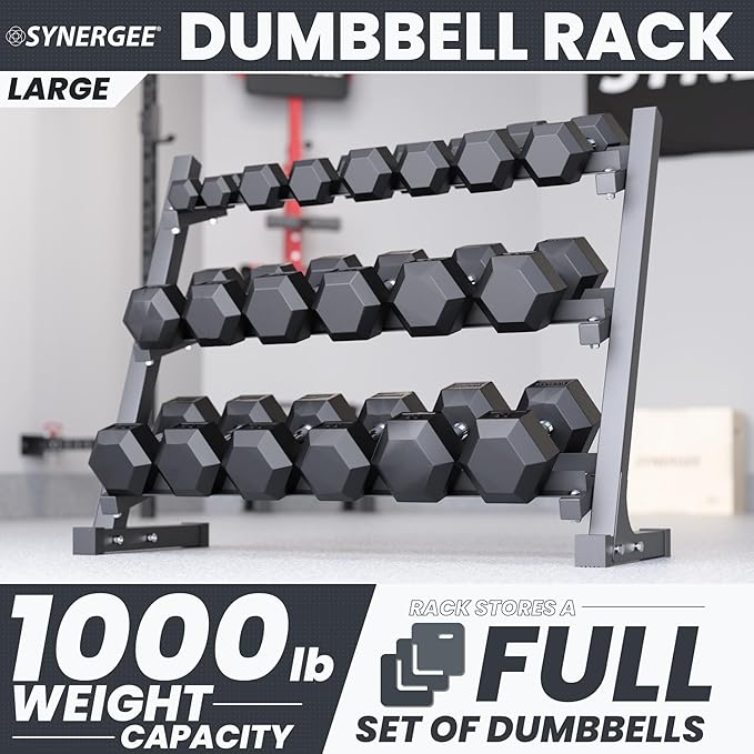 Synergee Dumbbell Rack for Home Gym – 3 Tier Adjustable Weight Rack for Dumbbells – Space-Saving Storage Shelf – Available in 38" or 46" – Heavy Duty Steel Frame – Easy Assembly