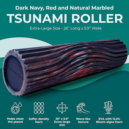 Oceanfoam Tsunami Roller (Dark Navy, Red & Natural Marbled) - Soft, Textured Foam Roller for Physical Therapy, Back Pain, Yoga, Exercise & Stretching - Wave Textured - Extra-Large 26" x 5.9"