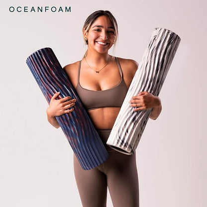 Oceanfoam Tsunami Roller (Dark Navy, Red & Natural Marbled) - Soft, Textured Foam Roller for Physical Therapy, Back Pain, Yoga, Exercise & Stretching - Wave Textured - Extra-Large 26" x 5.9"