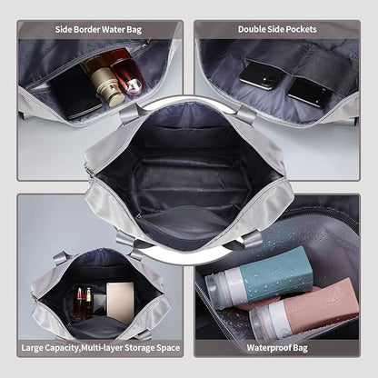 Expandable Travel Duffel Tote Bag - Foldable Overnight Weekender, Carry-On, Swim & Gym Bag - Fits Spirit Airlines Personal Item Size - Lightweight, Waterproof & Durable with Trolley Sleeve,Grey