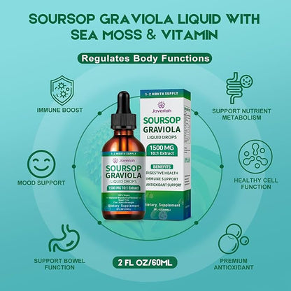 Soursop Graviola Liquid Drops Supplement with Sea Moss Extract, Soursop Bitters Liquid for Cell Support & Regeneration, Immunity, Liver, Antioxidant, Graviola Leaves Extract 2 Month Supply 60ML