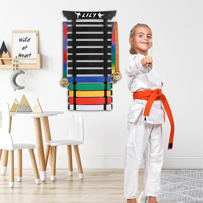 12 Belts Karate Belt Display Rack with Stickers, Martial Arts Belt Display Holder, Taekwondo Belt Jiu Jitsu Belt BJJ Belt Display Hanging Holder for Adults