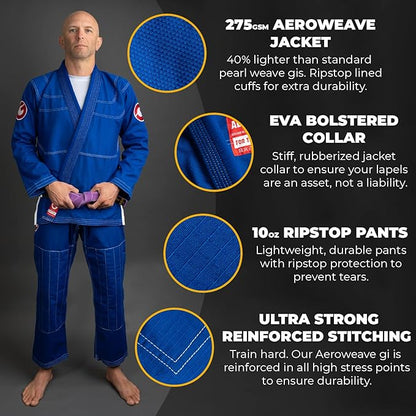 Gold BJJ Aeroweave Jiu Jitsu Gi - Ultra Lightweight BJJ Gi - Preshrunk Brazilian Jiu Jitsu Uniform for Men