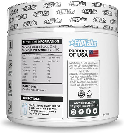 EHP Labs CREA-8 Micronized Creatine Monohydrate Powder - Unflavored Creatine Powder for Muscle Growth, Increased Strength, Enhanced Energy Output and Improved Performance - 100 Servings (500g)
