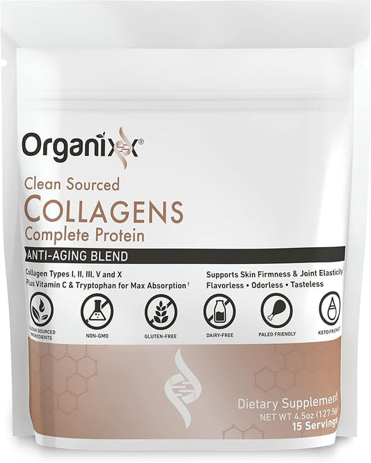 Organixx Collagen Peptides Powder with Vitamin C, Types I, II, III, V, X Hydrolyzed Collagen, Hair