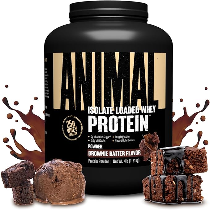 Animal Whey Isolate Protein Powder - Loaded for Pre & Post Workout Muscle Builder and Recovery with Digestive Enzymes for Men & Women - 25g Protein, Great Taste, Low Sugar - Brownie Batter 4 lbs