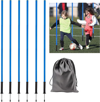 6 Pcs 5FT Agility Training Poles for Soccer,Basketball,Football,Dog,Horse Training-Adjustable Speed and Agility Training Equipment Sports Training Sticks with Ground Spring Nails and Storage Bag（Blue)
