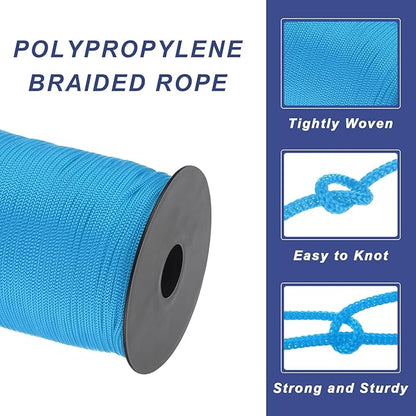 MECCANIXITY 1/8 Inch Polypropylene Rope Braided Ropes, 328ft Nylon Rope Hollow Utility Cord for Clothesline, Camping, Hiking, Outdoor, Lake Blue