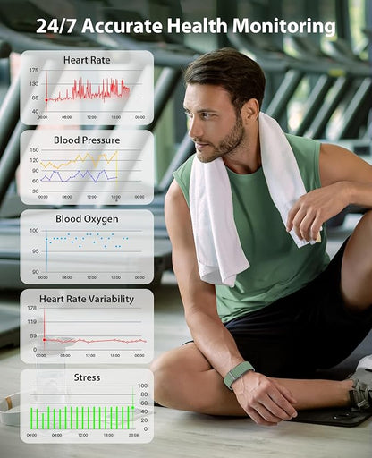 Smart Bracelet, Wearable Activity & Fitness Tracker Band, 24H Sleep Tracker, All-Day Continuous Heart Rate Blood Pressure Stress HRV Monitor, 170+ Sport Modes Smart Wristband with 2 Bands, Free APP