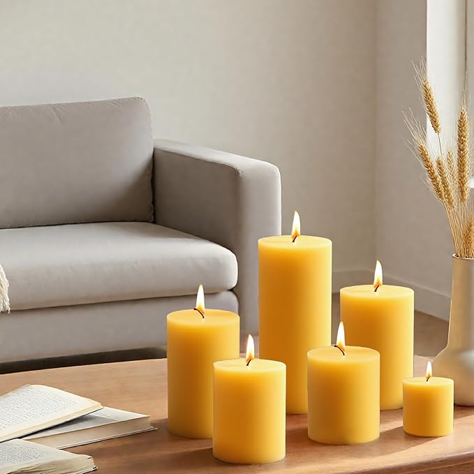 Natural Beeswax Candles Set of 6, Handmade Beeswax Pillar Candles Set, 6 Sizes, 100% Pure Unscented Bees Wax Candle, Honey Aroma Pillar Candles Bulk, for Calming, Relaxing, Air Purification