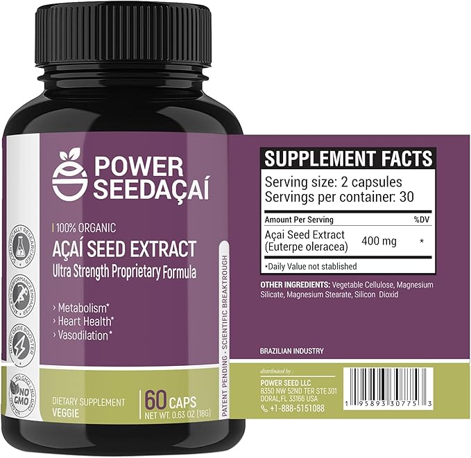 New Patented Nitric Oxide Supplement -Increase Blood Flow & Circulation- Organic Acai Seed Extract -100% Vasodilation, Support Circulation- 50 X Antioxidants- 60 Capsules