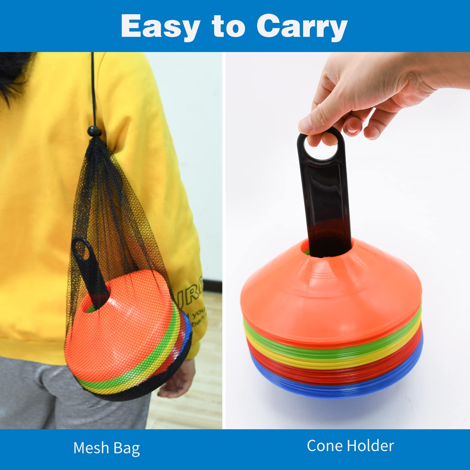 50 Pack Disc Cones, Agility Soccer Cones with Carry Bag and Holder, 5 Color