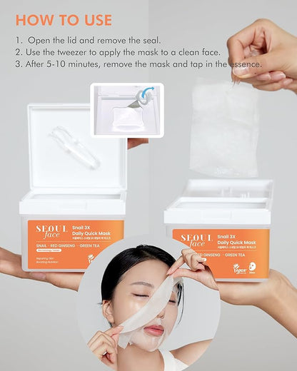 DERMAL Seoul Face Snail 3X Daily Quick Mask 36 Sheet ??Korean Skincare Vegan Tencel Facial Masks - Skin Repairing, Anti Aging Face Mask Sheets with Ginseng Root, Green Tea Leaf Extract