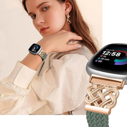 Braided Band Compatible with Fitbit Versa 4 Bands for Woman/Versa 3/Sense 1/Sense 2 Band, Magnetic Clasp Fabric Nylon with Designer Interlock Buckle Straps for Fitbit Versa4/3/Sense1/2