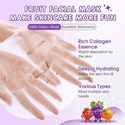 70 Pack Collagen Hydrating Face Masks Skincare for Women, Cute Fruit Face Mask Skin Care for Kids Teens, Bulk Sheet Facial Masks Set for All Skin Types, Spa Party Supplies for Girls, Birthday Gifts