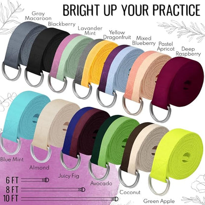 TECEUM Yoga Strap & Mat Strap – 2 IN 1 – Cotton – 6 ft 8 ft 10 ft (30+ colors) – Adjustable Non-Slip Belt for Yoga, Pilates, Stretching, Physical Therapy, Fitness & Home Workout – For Carrying Mats