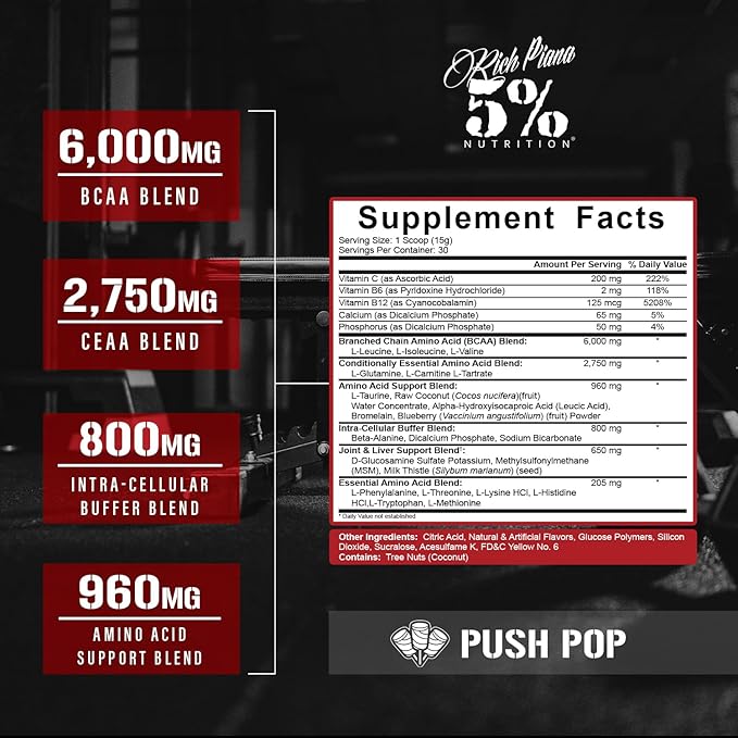 5% Nutrition Rich Piana AllDayYouMay BCAA Powder | Premium Intra & Post Workout Amino Acids, Hydration, Endurance, Muscle Recovery, Joint & Liver Support | 15.87 oz, 30 Servings (Push Pop)