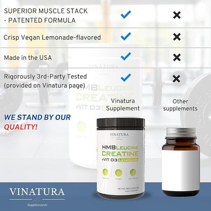 HMB Creatine Leucine Powder - 5g Creatine Monohydrate, 3g HMB Supplement, 3g L-Leucine - Vitamin D3, Vegan Lemonade Flavor, Muscle & Strength Support - 30 Servings