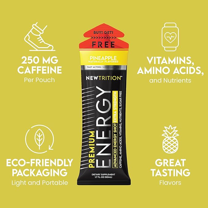 NewTrition® Extra Strength Energy Shots, 250mg Caffeine Energy Shots with Vitamin B & Amino Acids, Sugar-Free Vitamin Energy Shot, 1.7 fl oz (Pack of 6, Pineapple)