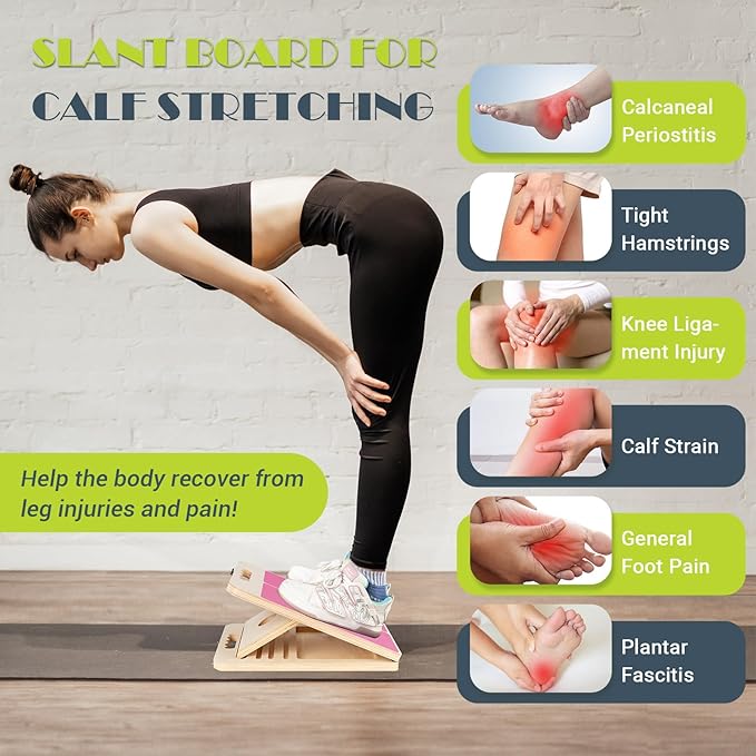 Slant Board for Calf Stretching, Adjustable Portable Wooden Incline Board for Calf Stretcher with Training Poster, 300 Lbs Weight Capacity Calf Stretch Wedge for Leg, Knees, Heel, Ankle & Stretching