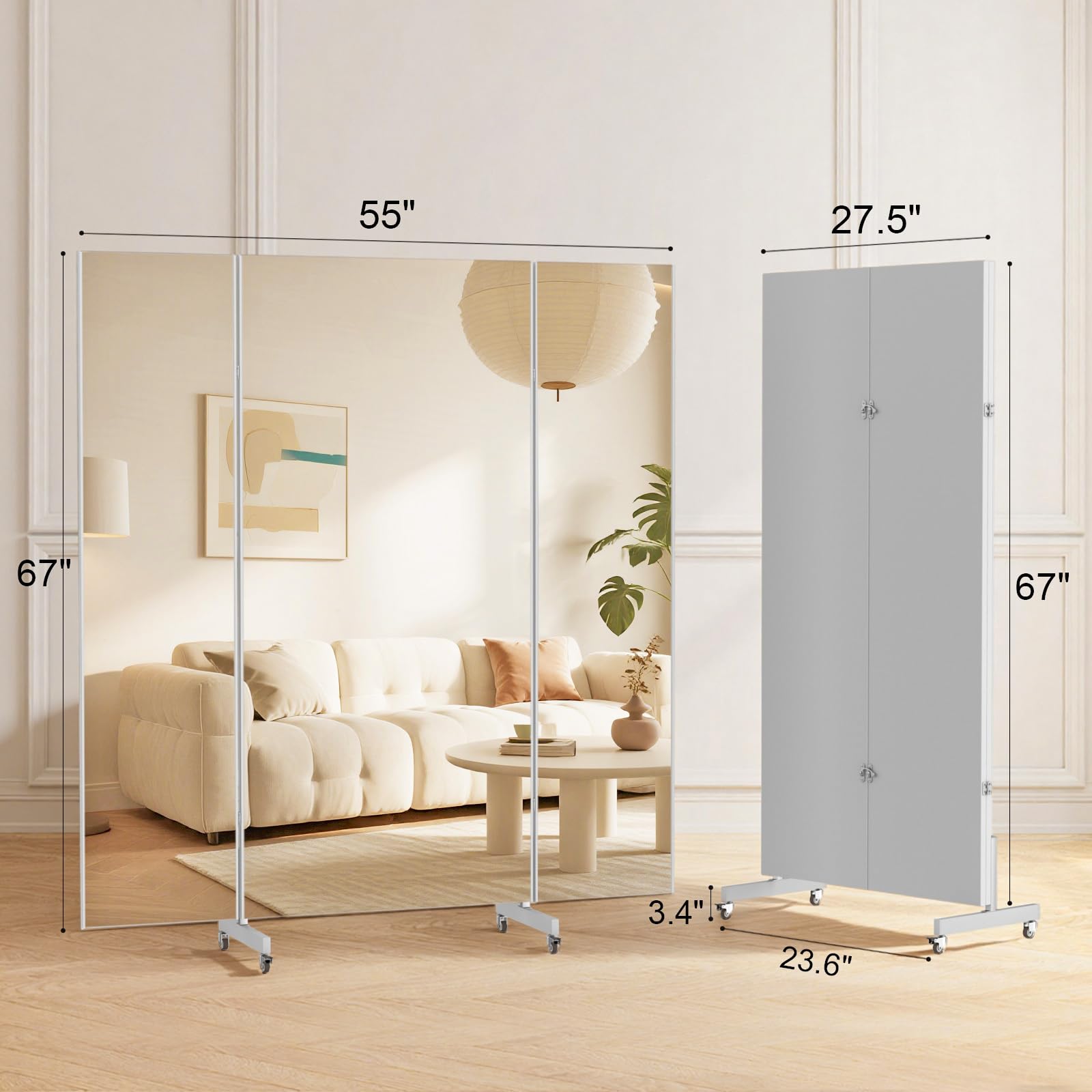 brisafe 67"x55" Folding Mirror with Wheels, 3-Panel Full Length Standing Mirror, Space-Saving