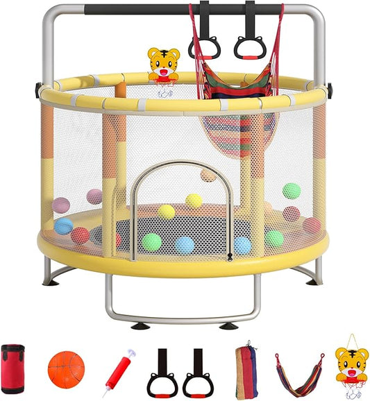 55" Small Trampoline for Kids, Telawah Indoor Outdoor with with Enclosure Net, Safety Enclosure, Round Jumping Mat with Basketball Hoops, Birthday Gifts for Children