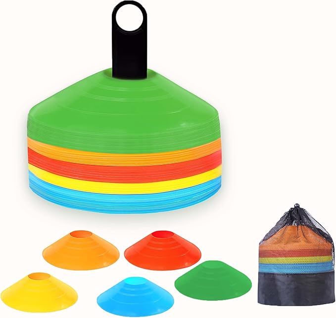 Soccer Cones 100/50/25 Pack with Carry Bag & Holder Five Colors | Agility Disc Cones Set for Training | Sports Practice Equipment for Soccer, Football, Basketball, Coaching & Speed