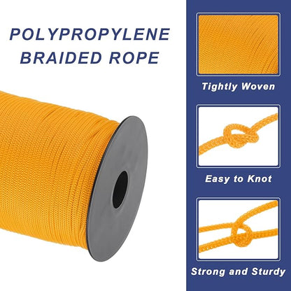 MECCANIXITY 1/8 Inch Polypropylene Rope Braided Ropes, 328ft Nylon Rope Hollow Utility Cord for Clothesline, Camping, Hiking, Outdoor, Orange Yellow