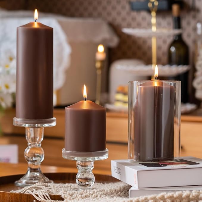 MOZEAL 3" x 8" Hand-Poured Unscented Candles,Large Brwon Pillar Candles Set of 2,No Drip,Approx 120 Hours Long Burning,Wedding,Dinner,Christmas and Home Decor（3 Inch Diameter 8 Inch Height）