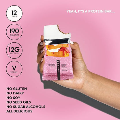 TRUBAR Vegan Protein Bar, Strawberry Shorty Got Cake, Gluten Free, Plant Based Protein, Dairy Free, Non GMO, Soy Free, No Sugar Alcohols, 12G Protein, 12G Fiber, 23G Carb, On the Go Snack Bars, 12 CT