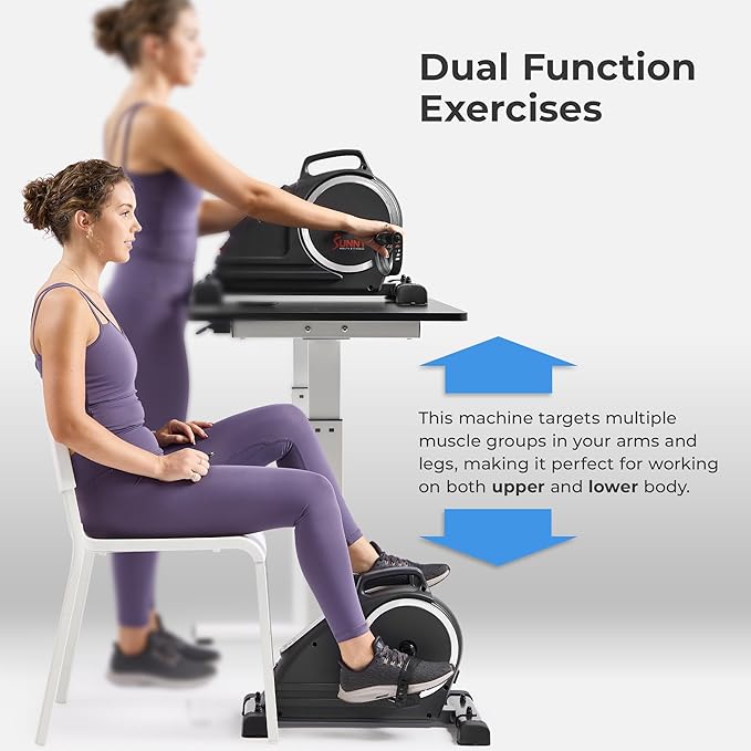 Sunny Health & Fitness Dual Function Under-Desk Bike Trainer, Mini Exercise Machine for Senior Training, Arm/Leg Cardio Cycle Workout, Optional Magnetic, Motorized w/Free SunnyFit App Connection