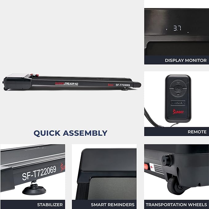 Sunny Health & Fitness Sleek Compact Smart Treadpad Treadmill with 6-Level Auto Incline, Remote Control, Shock Absorption, Optional Dual Mode Walking/Running & Free SunnyFit App Bluetooth Connectivity