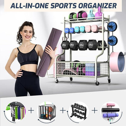 PLKOW Dumbbell Rack, Weight Rack for Dumbbells, Home Gym Storage for Dumbbells Kettlebells Yoga Mat and Balls, All in One Workout Storage with Wheels and Hooks, Powder Coated Finish Steel