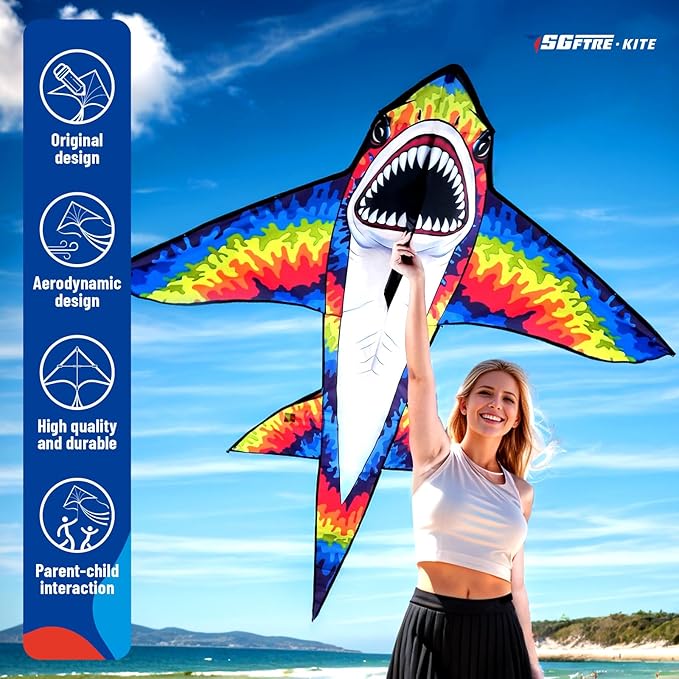 Three Headed Shark Kite for Kids and Adults,Kites for Kids Ages 8-12 Easy to Fly,Single Line Beach and Park Kite for Family Outdoor Games