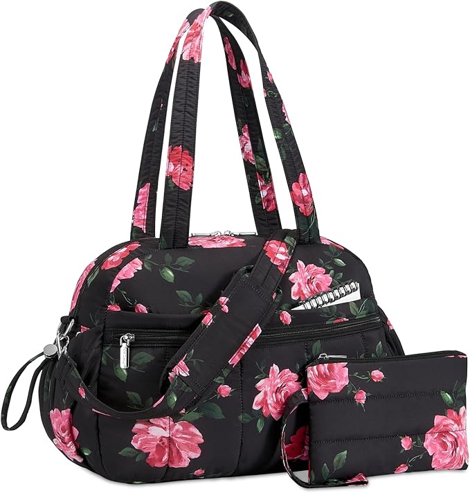 TOPDesign Travel Duffel Bag for Women, Puffer Gym Bag Sports Tote with Wet Pocket, Carry On Weekender with Luggage Sleeve (Peony)
