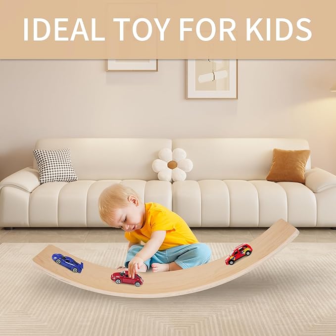 Balance Board, 32 Inch Wooden Wobble Board, Montessori Rocker Yoga Curvy Board Natural Wood, Open Ended Learning Toy, Sensory Play Equipment for Office & Classroom, Multiple Colors