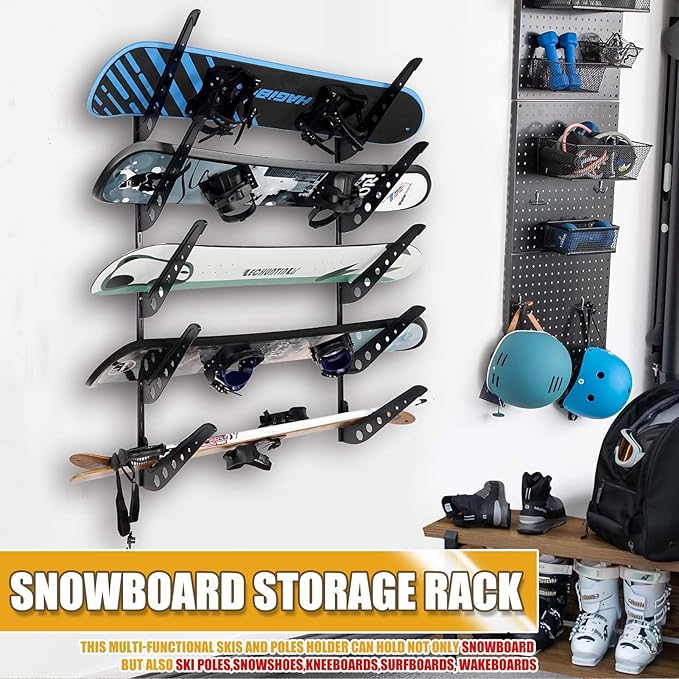 5 Board Snowboard Wall Racks, Adjustable Storage Rack for Ski, Surfboard, Wakeboard, Snowboard Wall Mount Display, Black
