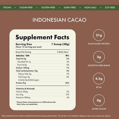 No Nonsense Plant Protein, Organic Brown Rice & Pea Isolate, Easy Digestion, 24G Protein/Serving, Gluten & Lactose Free Real Indonesian Cacao 500 G (Pack of 1)