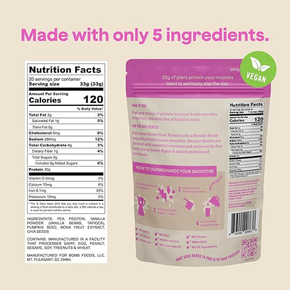 The Bomb Co. Bomb Plant Protein, Protein Powder with 20g Protein, Amino Acids, Zero Sugar, Pea Protein, Chia Seeds, Pumpkin Seeds, Vanilla & Monk Fruit, Gluten Free, Vanilla Flavor, 20 Srvgs