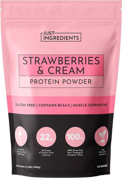 JUST INGREDIENTS Strawberries & Cream Protein Powder ??20-Serving Blend with 100% Grass-Fed Whey & Organic Plant Proteins ??Real Strawberry Flavor ??Supports Muscle Recovery, Energy*