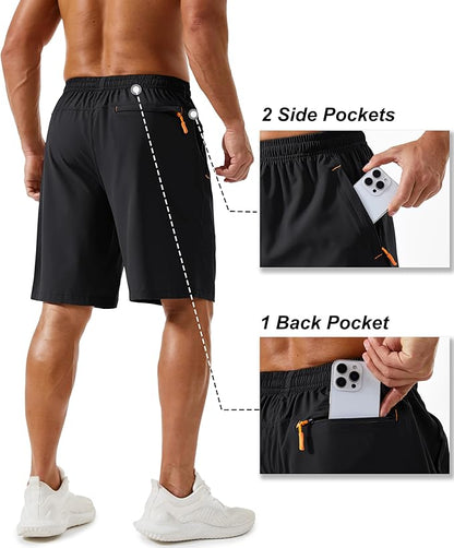 TACVASEN Men's Running Athletic Shorts 9" Quick Dry Workout Gym Shorts Lightweight Summer Shorts 3 Zipper Pockets
