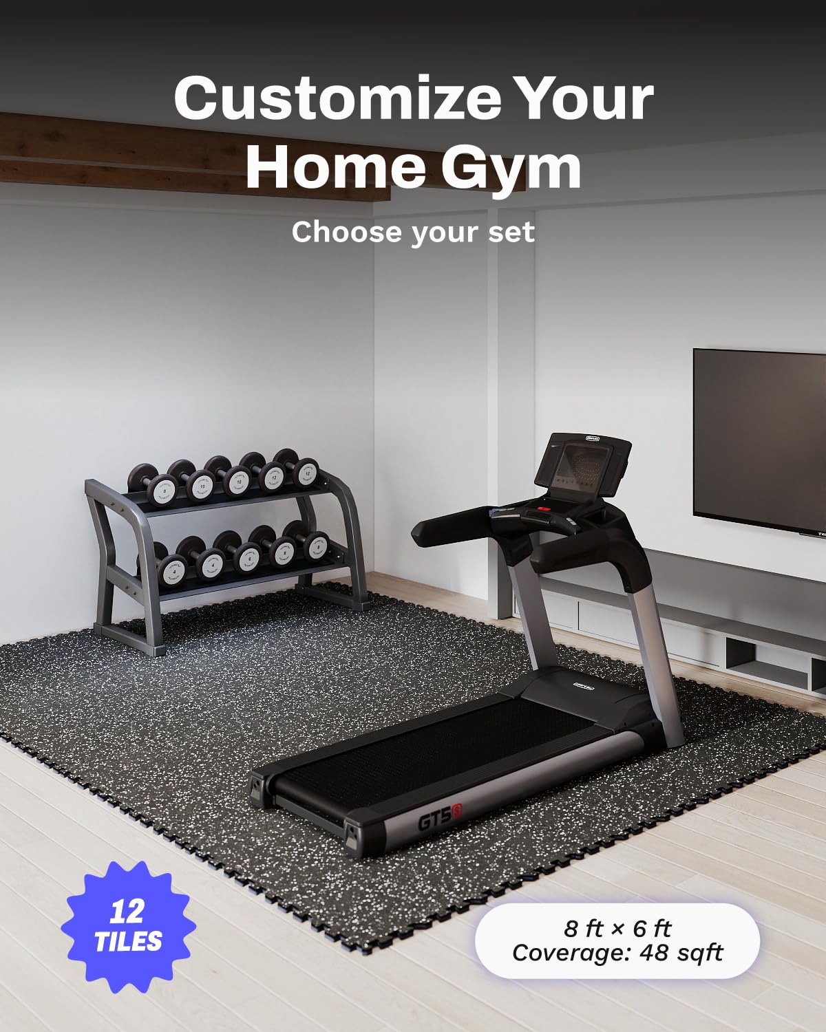 AIRHOP 0.56in Thick 48 Sq Ft Exercise Equipment Mats, 12 Tiles Upgraded Rubber Top with High
