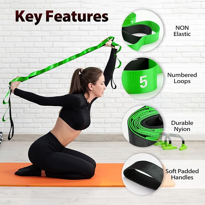 Stretching Strap with 10 Loops-Yoga Strap for Physical Therapy,Home Workout,Pilate & Flexibility Training,Non Elastic Exercise Stretch Band for Hamstring,Leg Stretcher Belt,Flexibility Fascia