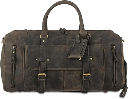 KomalC 24 Inch Leather Duffel Bags for Men and Women Full Grain Leather Travel Overnight Weekend Leather Bags Sports Gym Duffle for Men (Charcoal Black With Shoe Pocket)