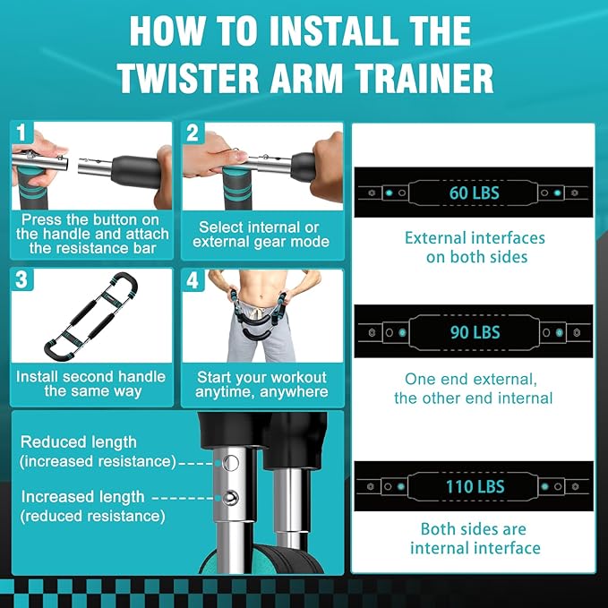 Twister Arm Trainer, Adjustable Chest Workout Equipment, Multi-functional Chest Exerciser for Men and Women, Portable Arm Trainer with 2 Wrist Bands, a Head Band, a Workout Towel and a Carry Bag