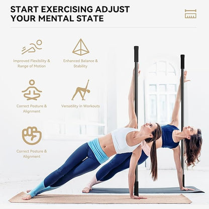 Yoga Stick 5ft Adjustable Stretching Stick, Versatile Exercise Stick Non-Slip Ends and Sponge Handles for Fitness, Flexibility and Balance, Posture Correction - Black