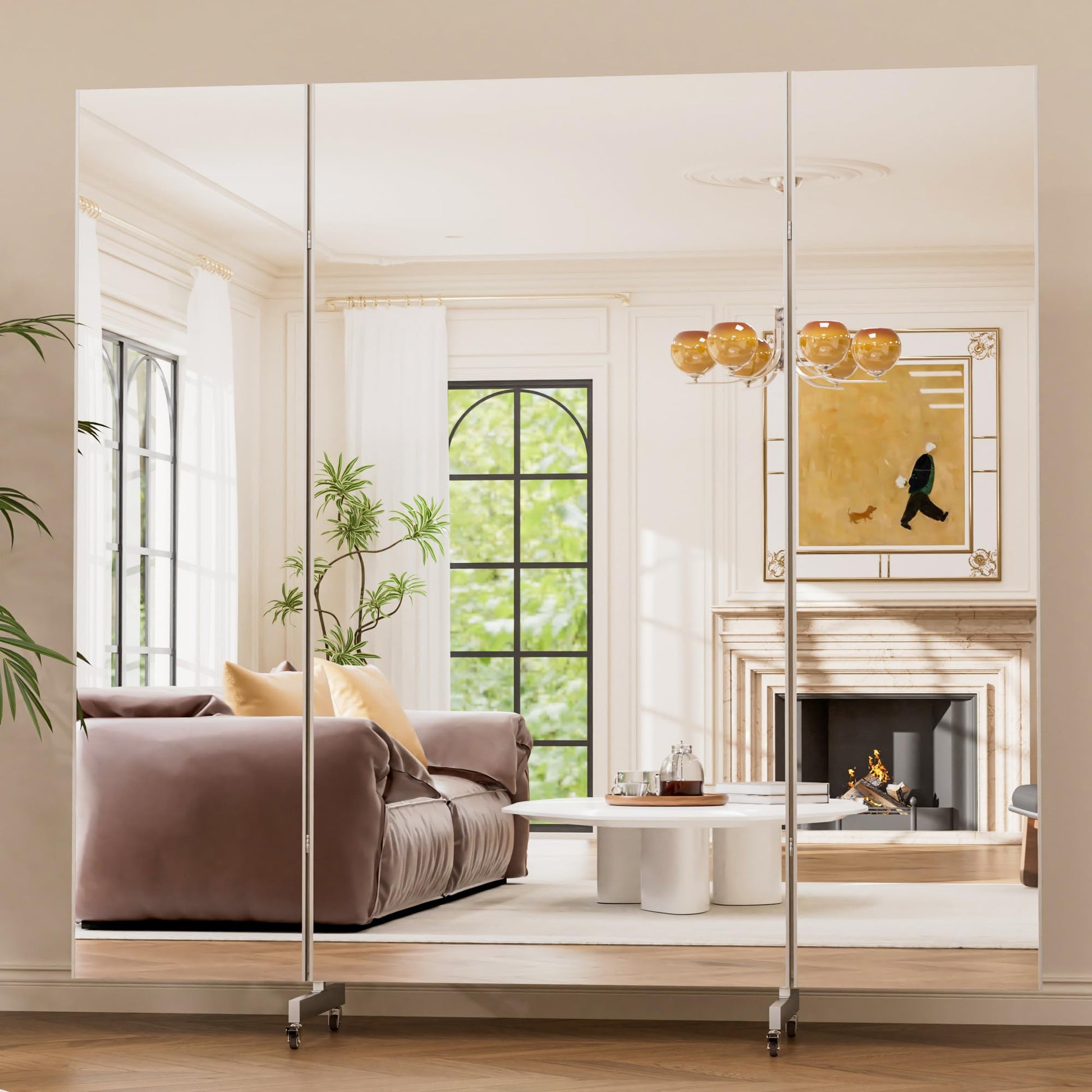 brisafe 71"x67" Folding Mirror with Wheels, 3-Panel Full Length Standing Mirror, Space-Saving