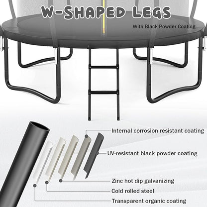 Trampoline 12FT 14FT 15FT 16FT for Kids/Adults - Outdoor Recreational with Enclosure Net Curved Poles and Ladder, Heavy Duty Anti-Rust Coating, ASTM Approval
