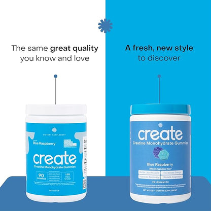 Create Creatine Monohydrate Gummies for Men & Women, Boost Focus, Strength, and Endurance, Anti-Melting Formula, Vegan, Gluten-Free, Non-GMO, 1.5g of Creatine per Gummy (Blue Raspberry, 90 ct)